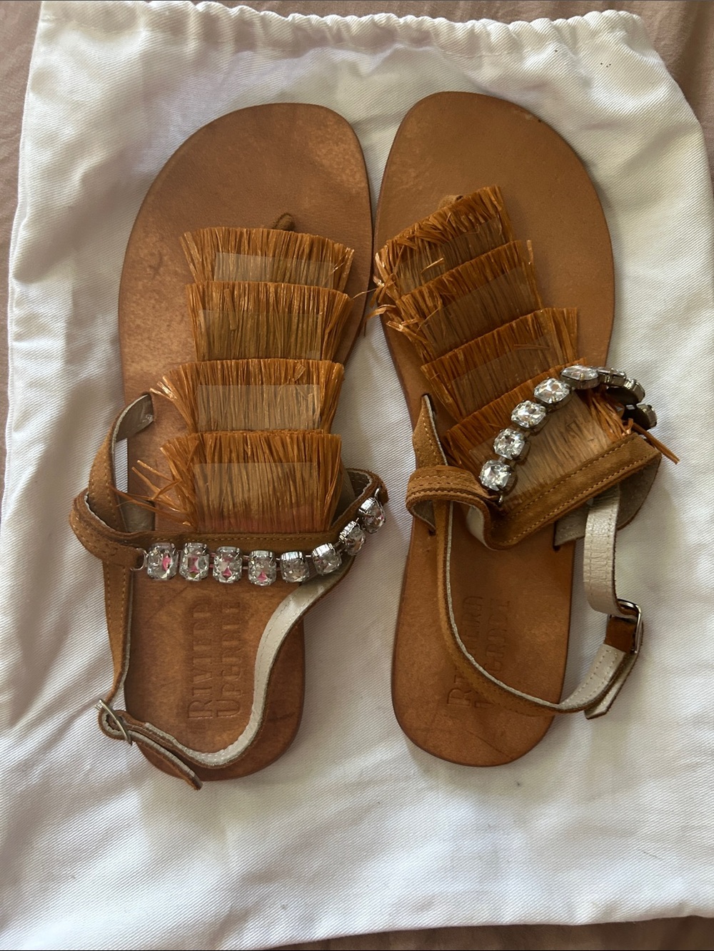 Rivera Upgrade Made In Italy Tan Fringe Sandals with Rhinestone Accent 41